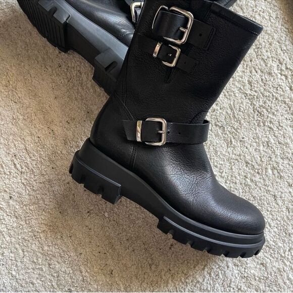 NEW AGL Chunky Biker Moto Lug Sole Black Leather Buckle Boots 40 - Picture 5 of 13